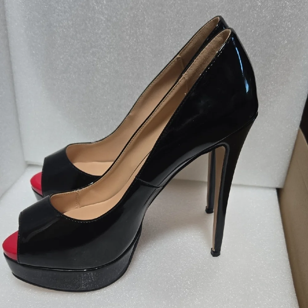Marumote 6" SHINEY BLACK STILETTOS W/ RED PEEP VALENTINE'S  DIVA 9.5 - Picture 4 of 17